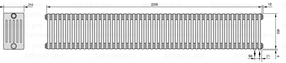 Схема (чертеж) Радиатор Zehnder Charleston 6045/48 №5510 Белый глянцевый RAL 9016